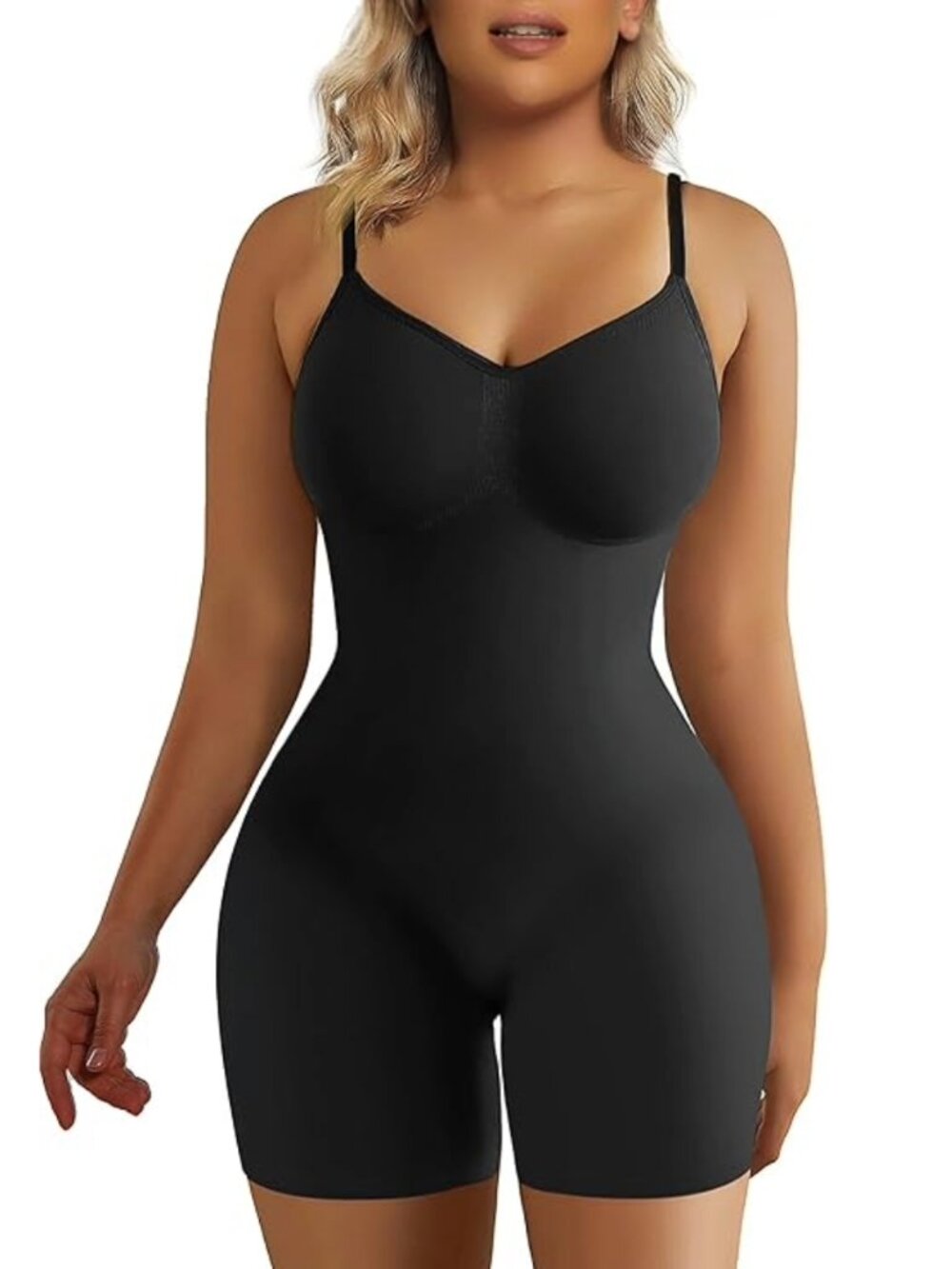 SHAPERX Shapewear Tummy Control Bodysuit Mid Thigh, BLACK, Size Large-XL